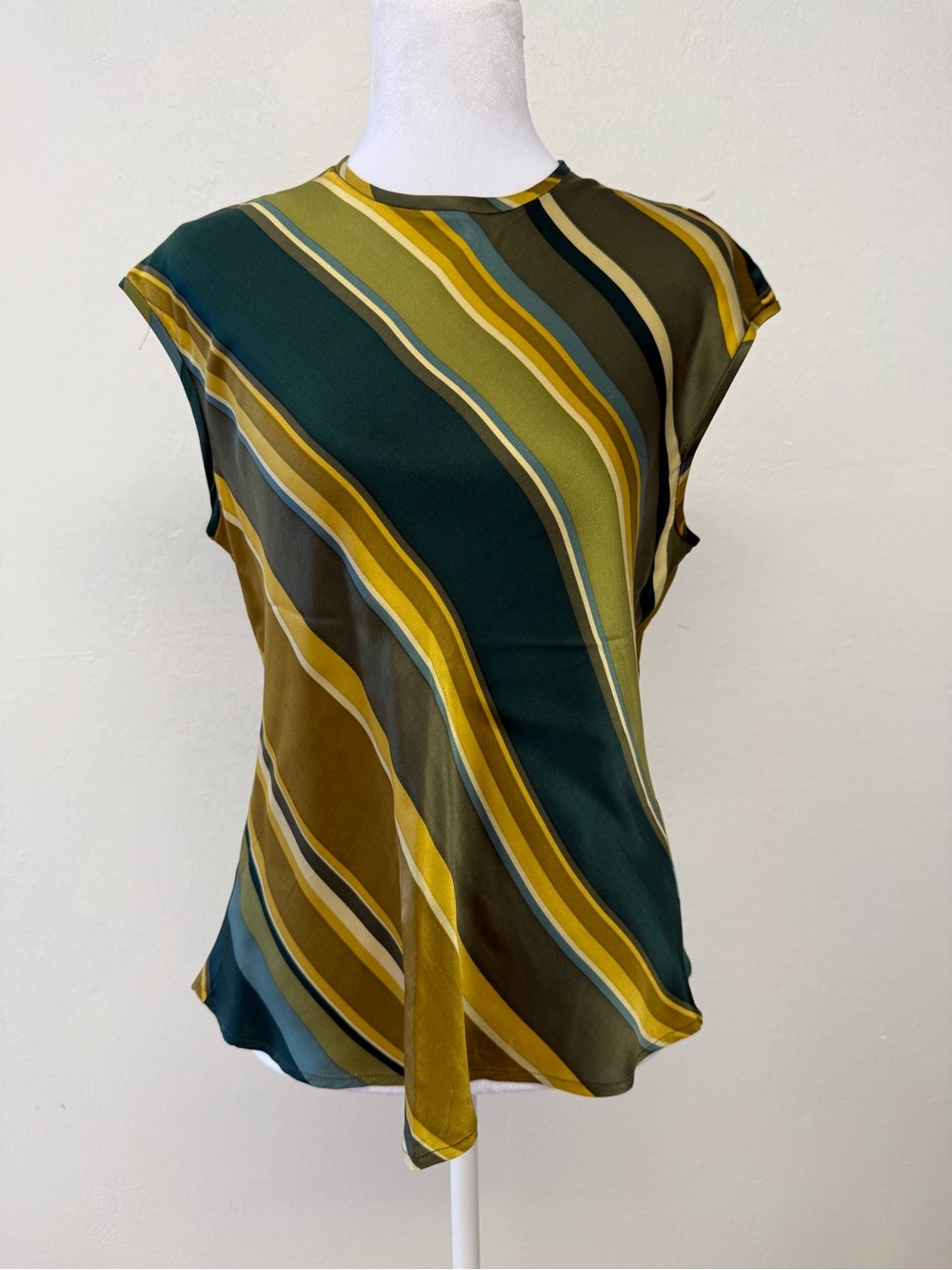 Jones New York Diagonal SILK Stripe Cap-Sleeve Top in Green and Mustard